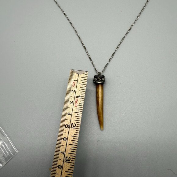 Brown Horn Pendant Long Chain Necklace Silver Tone Hippie Trible - Picture 4 of 4